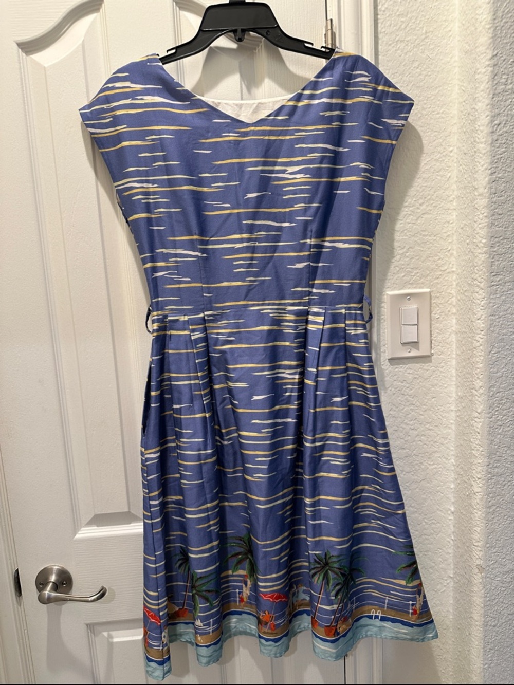 Palava UK Retro Riviera Dress Blue Size 10 Novelty Border Print Organic Cotton - Picture 8 of 15